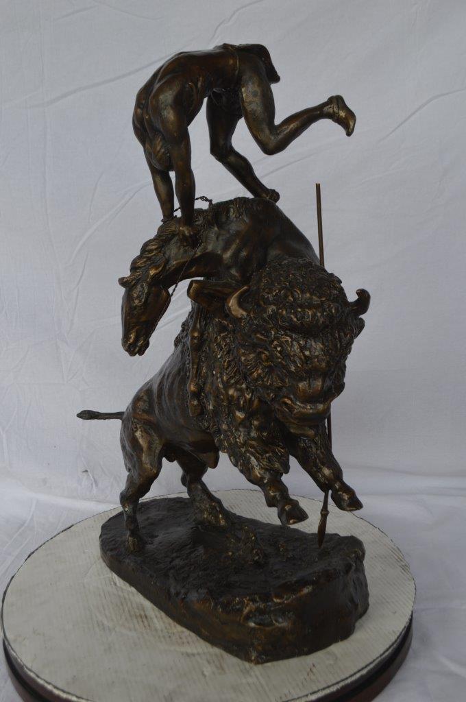 Nifao Bronze Finish Buffalo Horse Remington Inspired Sculpture - Western Decor Statue with Marble Base, Size: 21"L x 13"W x 29"H