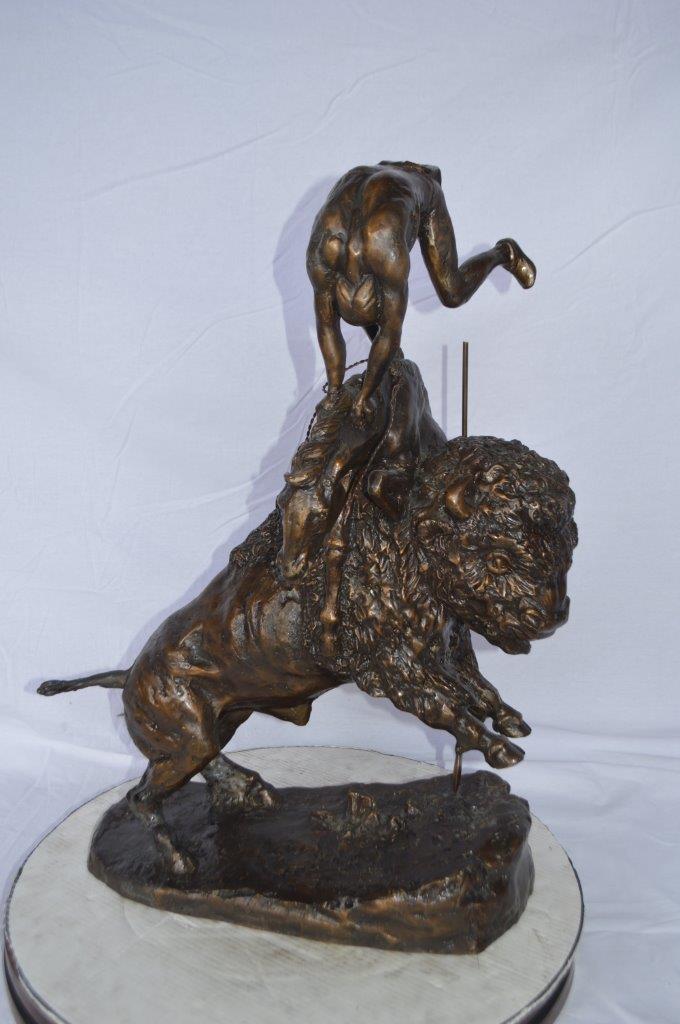 Nifao Bronze Finish Buffalo Horse Remington Inspired Sculpture - Western Decor Statue with Marble Base, Size: 21"L x 13"W x 29"H