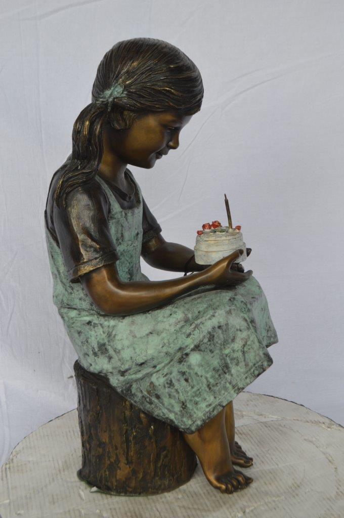 Girl with birthday cake bronze statue - Size: 13"L x 10"W x 27"H.