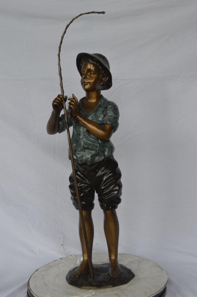 Boy with fishing rod bronze statue - Size: 11"L x 14"W x 44"H.