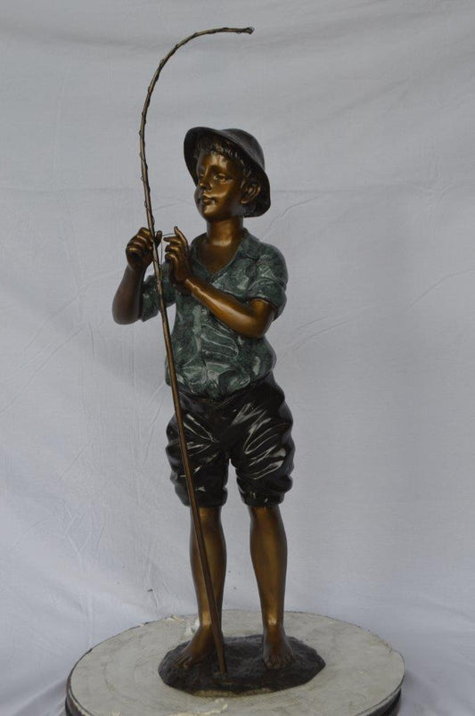Boy with fishing rod  bronze statue -  Size: 11"L x 14"W x 44"H.