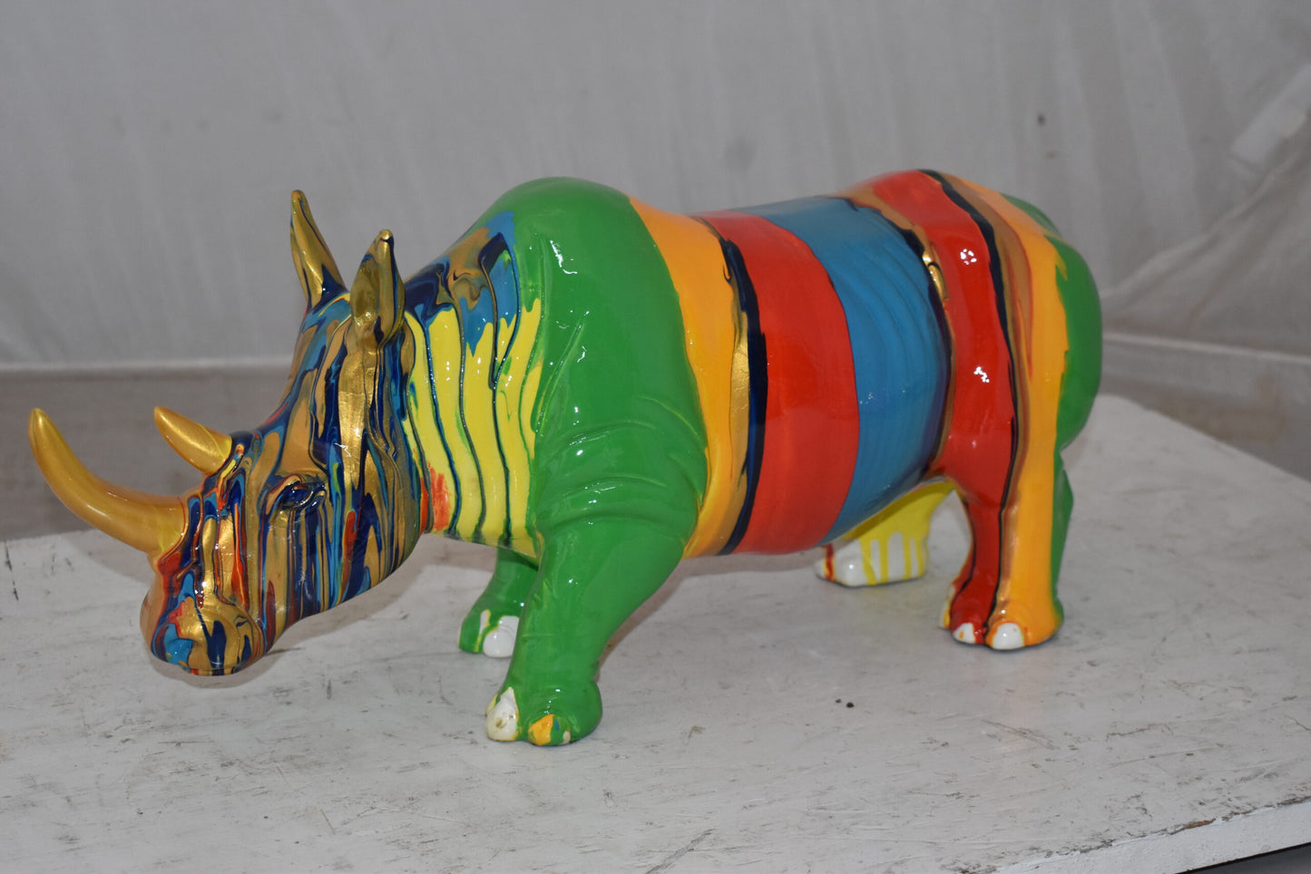 Multicolor Striped Rhino Resin Statue Size: 20" x 6" x 9"H