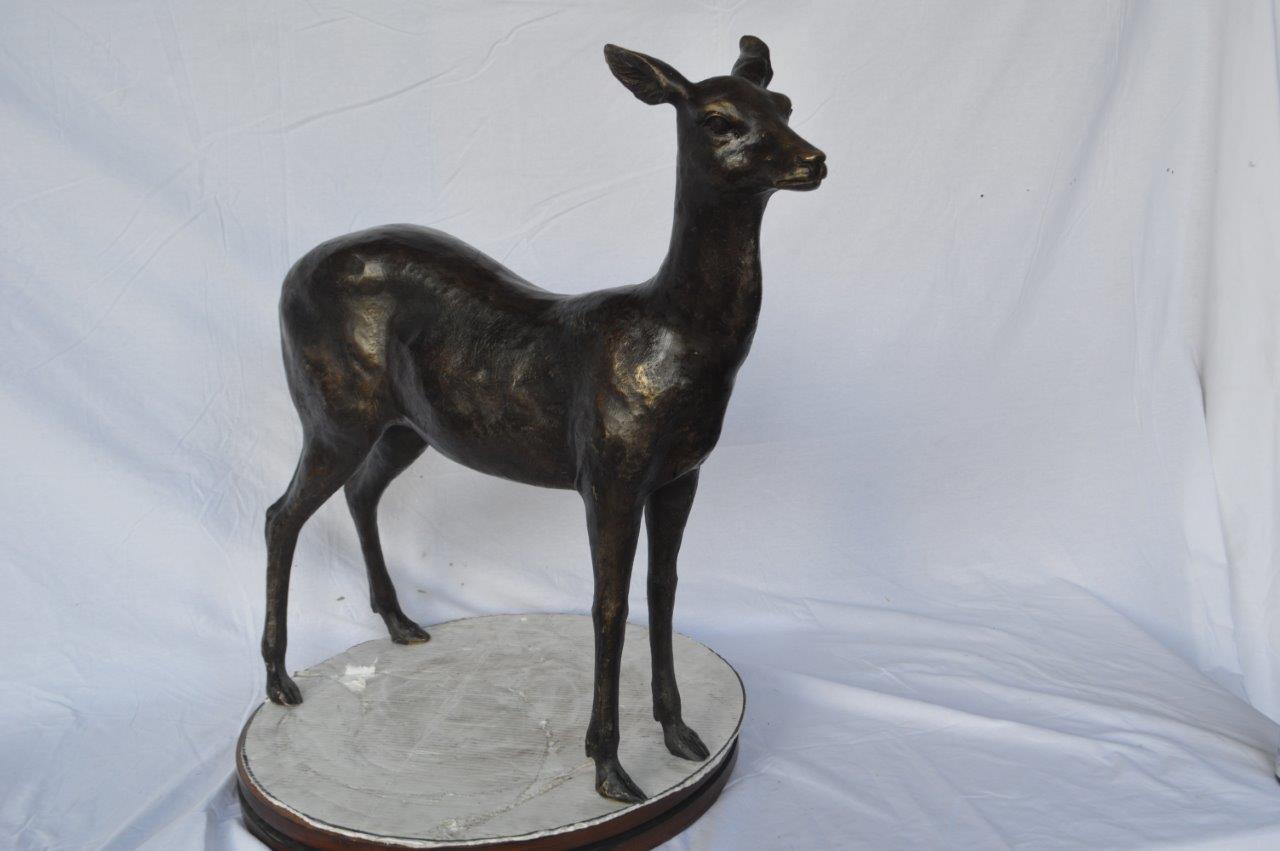 Doe - baby deer bronze statue - Size: 30"L x 8"W x 30"H.