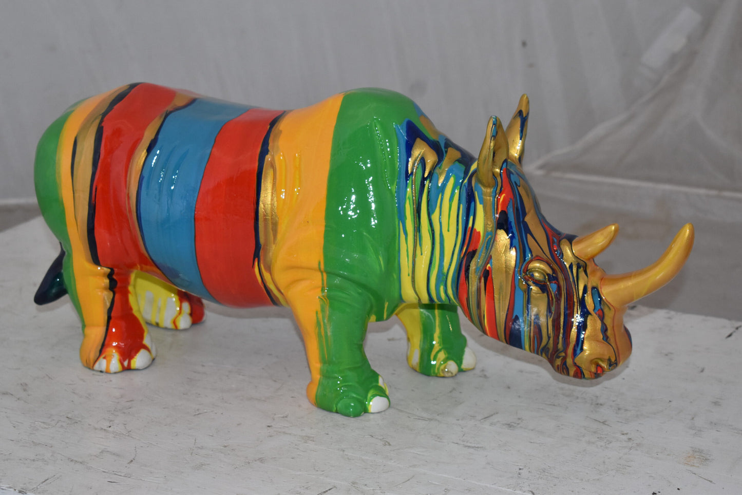 Multicolor Striped Rhino Resin Statue Size: 20" x 6" x 9"H