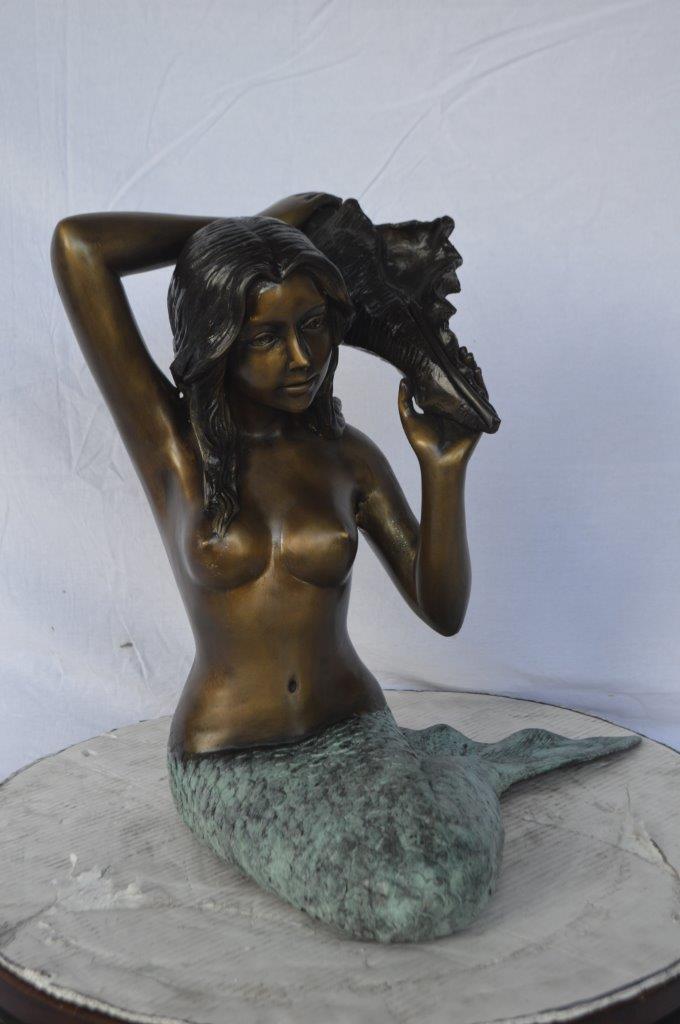 Mermaid with Conch  shell bronze statue -  Size: 16"L x 17"W x 21"H.