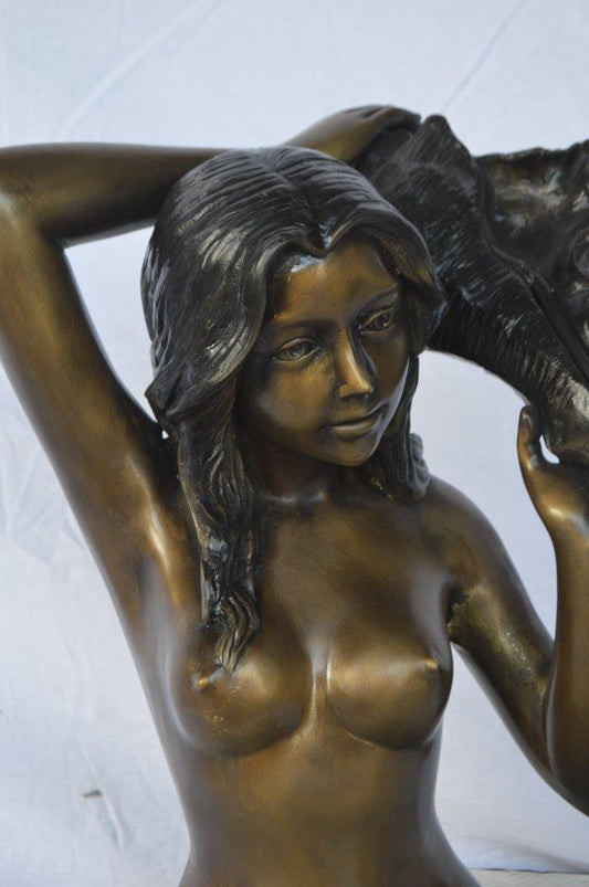 Mermaid with Conch shell bronze statue - Size: 16"L x 17"W x 21"H.