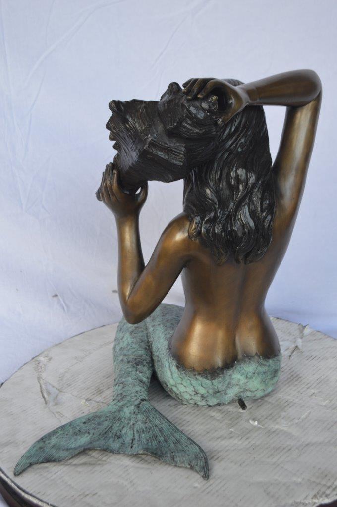 Mermaid with Conch  shell bronze statue -  Size: 16"L x 17"W x 21"H.
