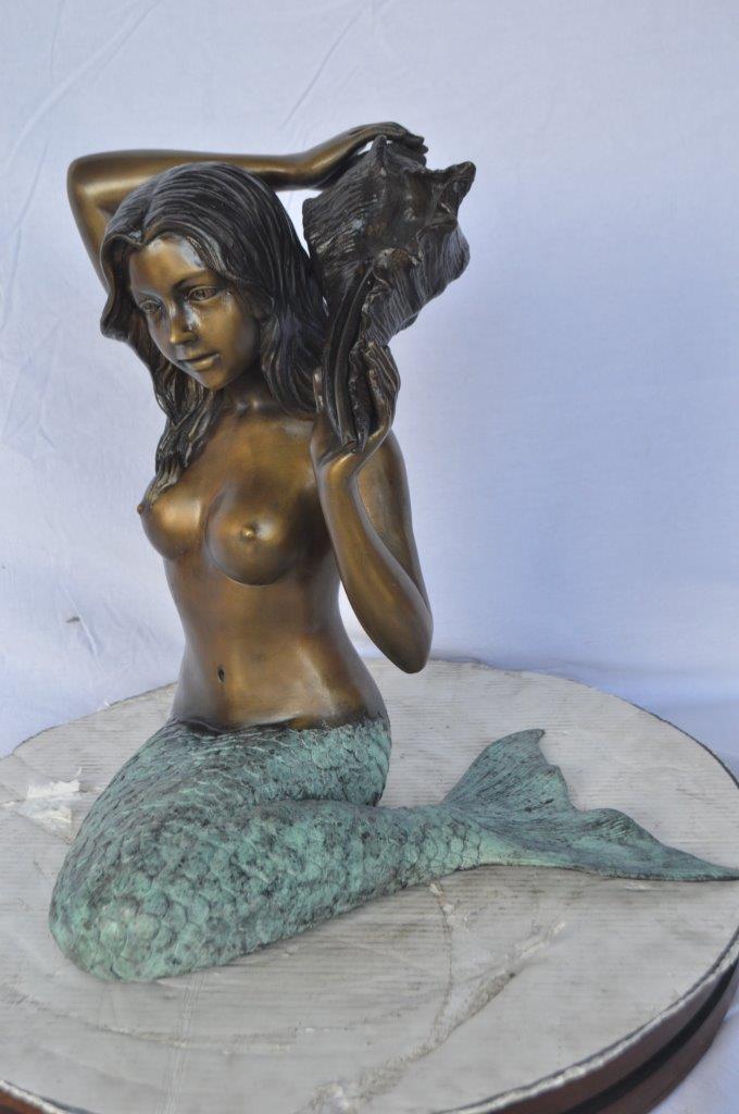 Mermaid with Conch shell bronze statue - Size: 16"L x 17"W x 21"H.