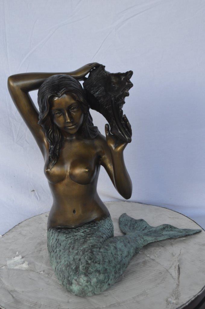 Mermaid with Conch  shell bronze statue -  Size: 16"L x 17"W x 21"H.