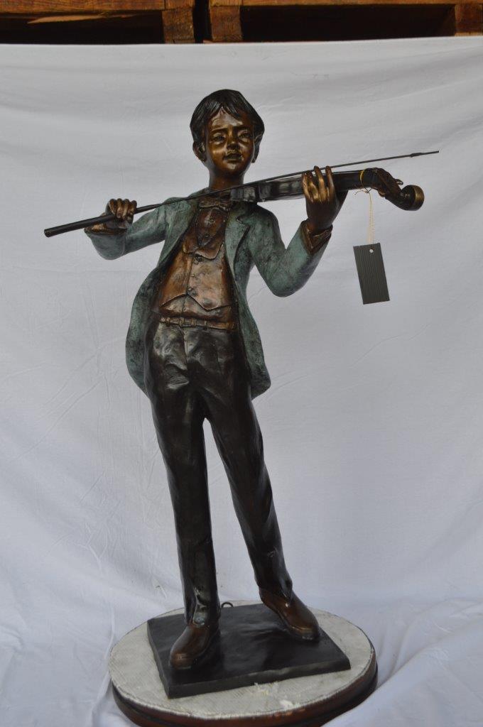 Boy playing violin large bronze statue - Size: 31"L x 31"W x 50"H.