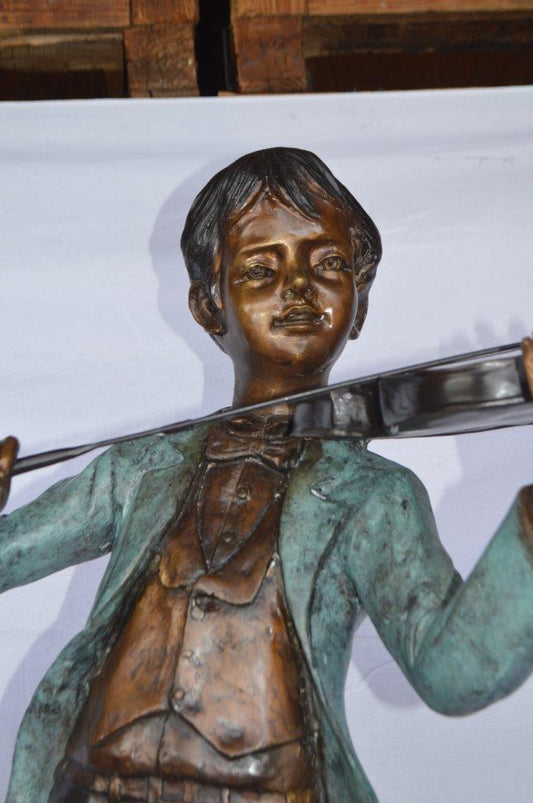 Boy playing violin large bronze statue - Size: 31"L x 31"W x 50"H.