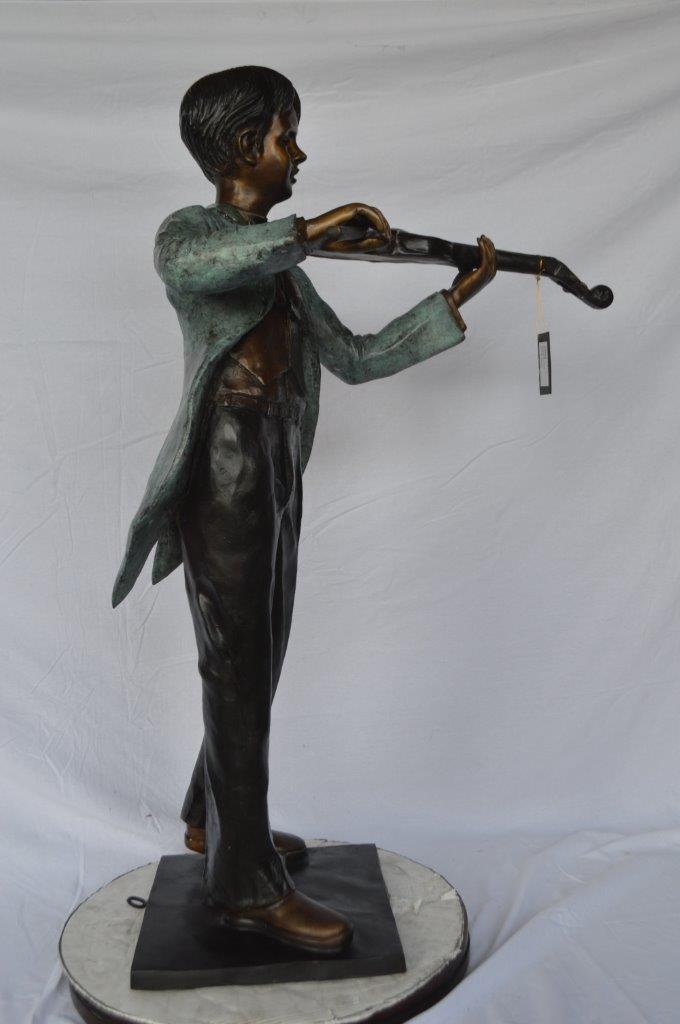 Boy playing violin large bronze statue - Size: 31"L x 31"W x 50"H.