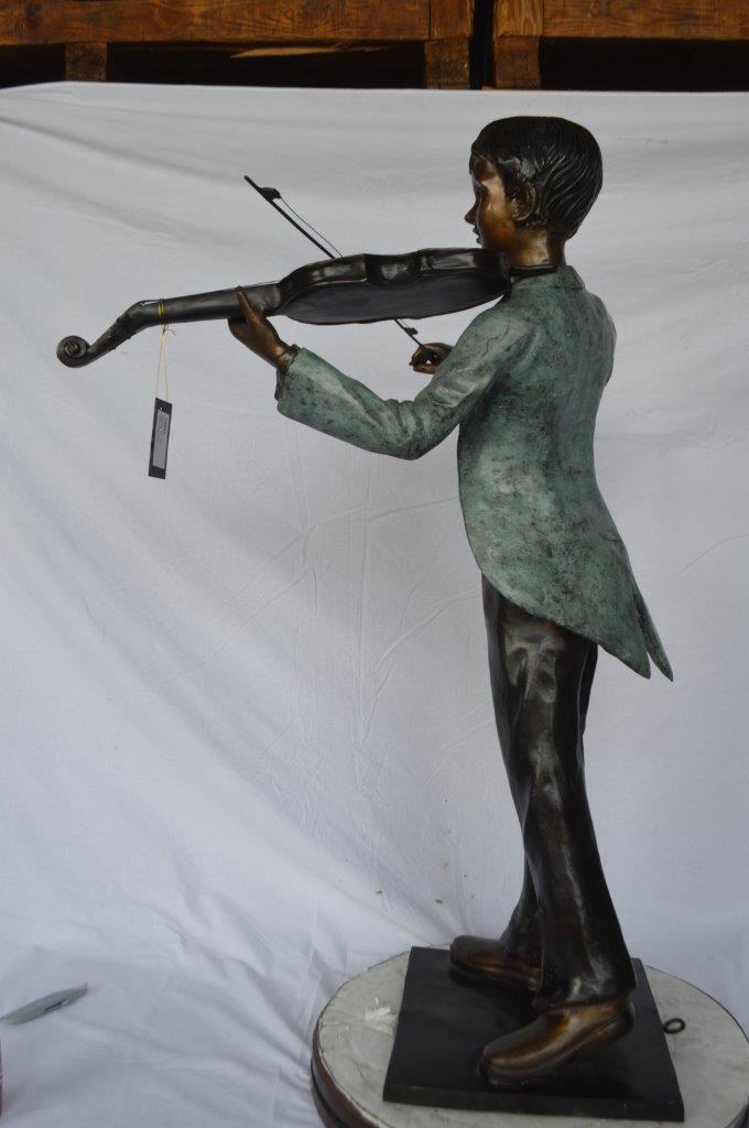 Boy playing violin large bronze statue - Size: 31"L x 31"W x 50"H.