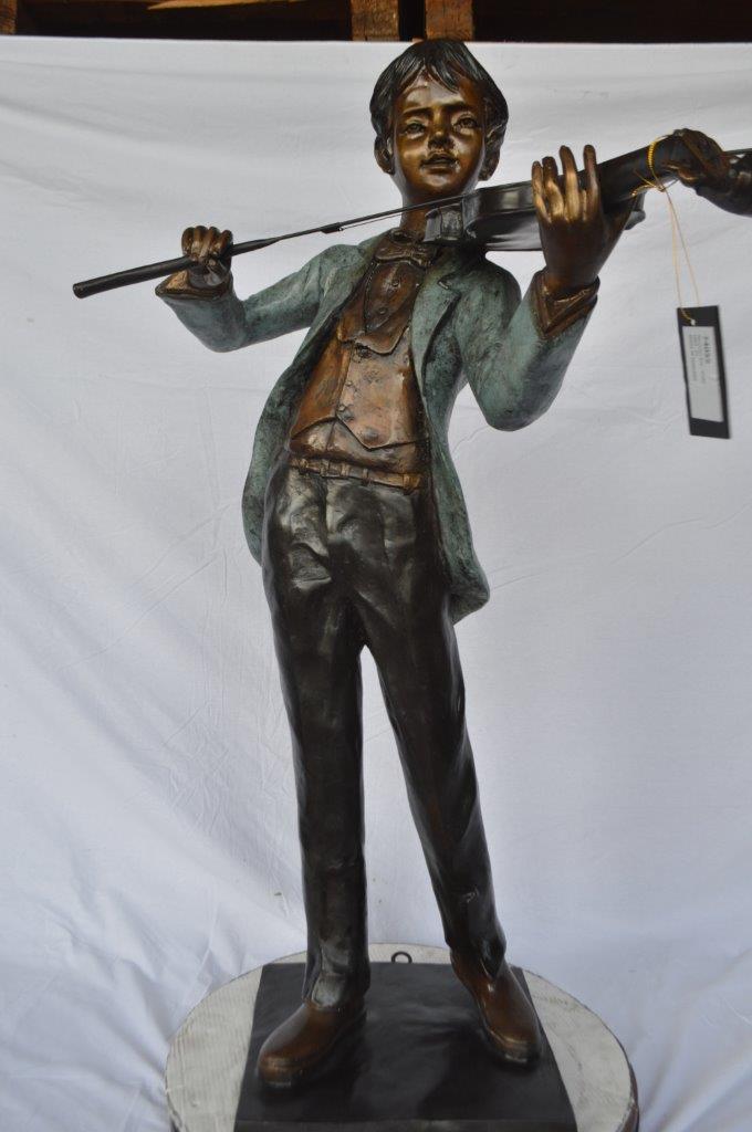 Boy playing violin large bronze statue - Size: 31"L x 31"W x 50"H.