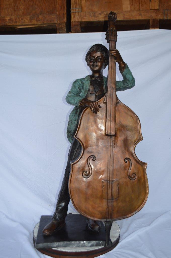 Boy playing cello large bronze statue - Size: 19"L x 22"W x 59"H.
