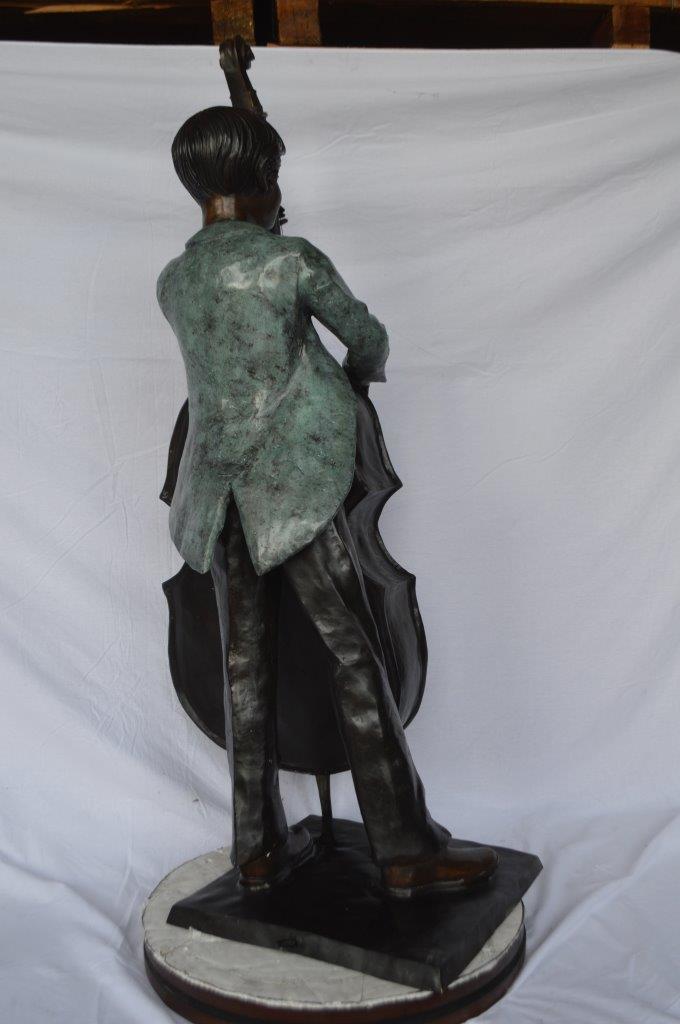 Boy playing cello large bronze statue - Size: 19"L x 22"W x 59"H.