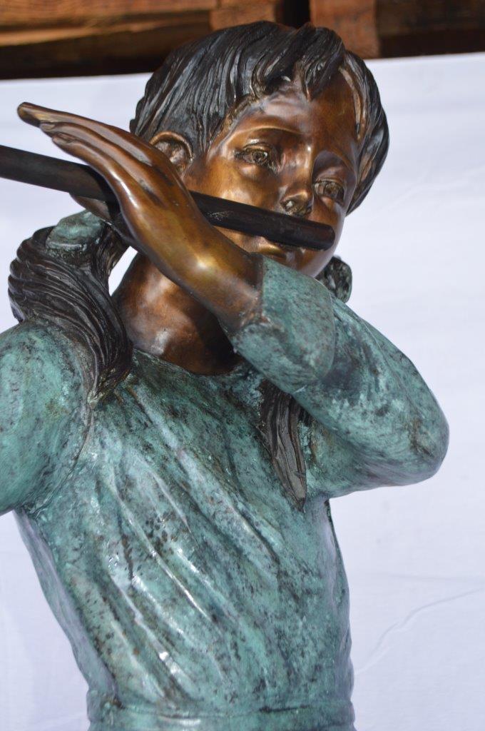 Girl playing flute large bronze statue - Size: 30"L x 15"W x 50"H.