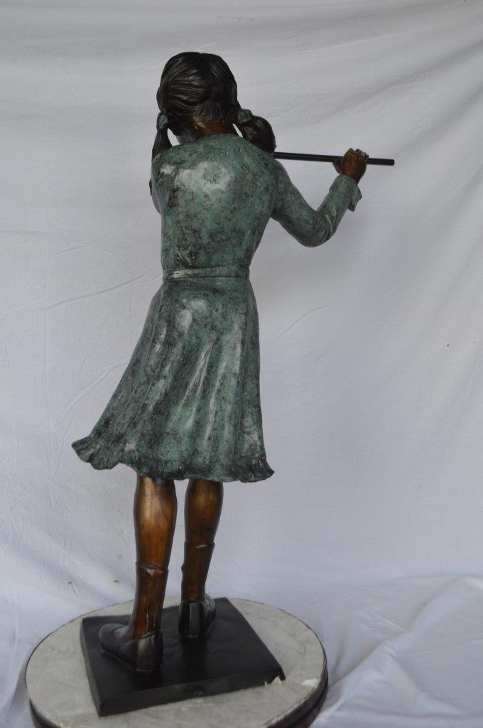 Girl playing flute large bronze statue - Size: 30"L x 15"W x 50"H.