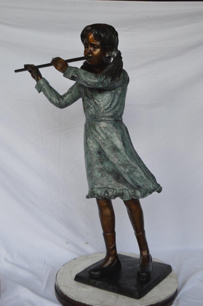 Girl playing flute large bronze statue - Size: 30"L x 15"W x 50"H.