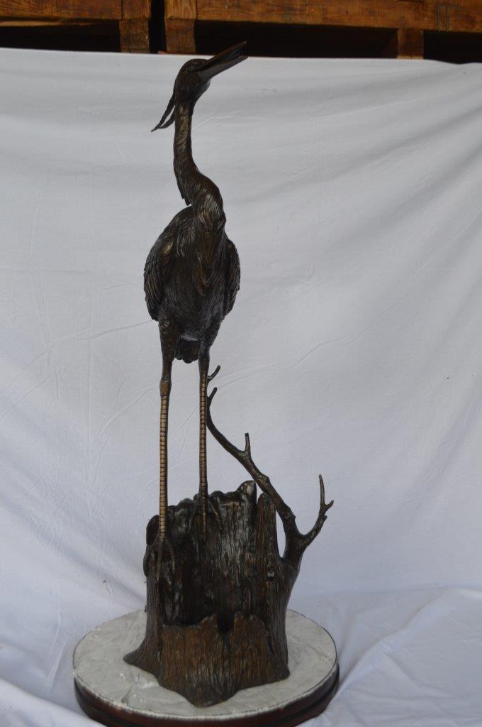 Great blue heron perched bronze statue Fountain -  Size: 22"L x 21"W x 49"H.