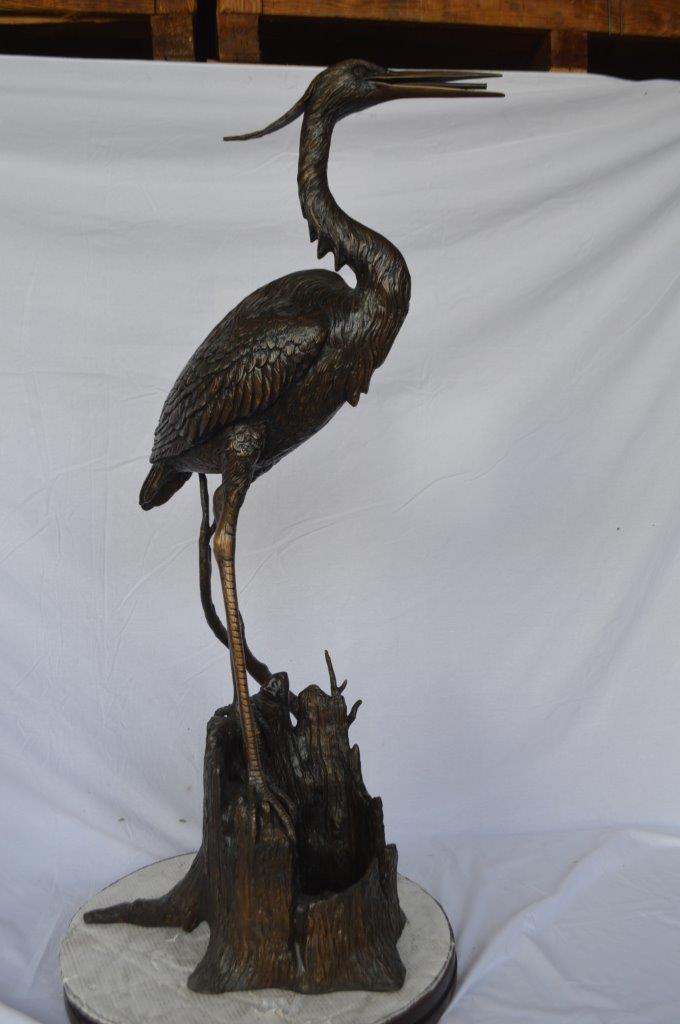 Great blue heron perched bronze statue Fountain - Size: 22"L x 21"W x 49"H.