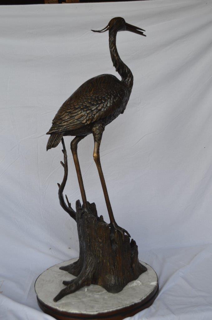 Great blue heron perched bronze statue Fountain - Size: 22"L x 21"W x 49"H.