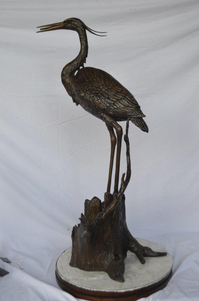 Great blue heron perched bronze statue Fountain - Size: 22"L x 21"W x 49"H.
