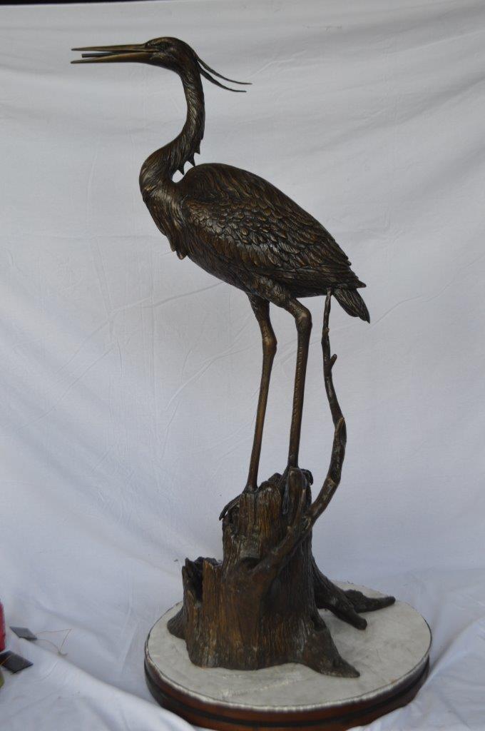 Great blue heron perched bronze statue Fountain -  Size: 22"L x 21"W x 49"H.