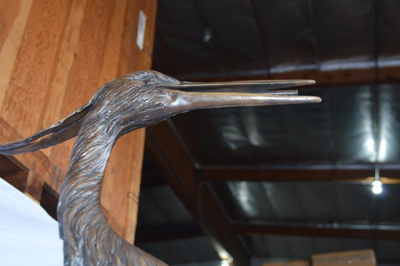 Great blue heron perched bronze statue Fountain -  Size: 22"L x 21"W x 49"H.