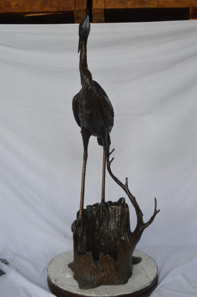 Great blue heron perched bronze statue Fountain - Size: 22"L x 21"W x 49"H.