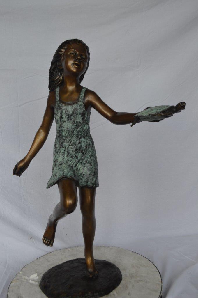 Girl holding turtle bronze fountain statue - Size: 26"L x 19"W x 37"H.