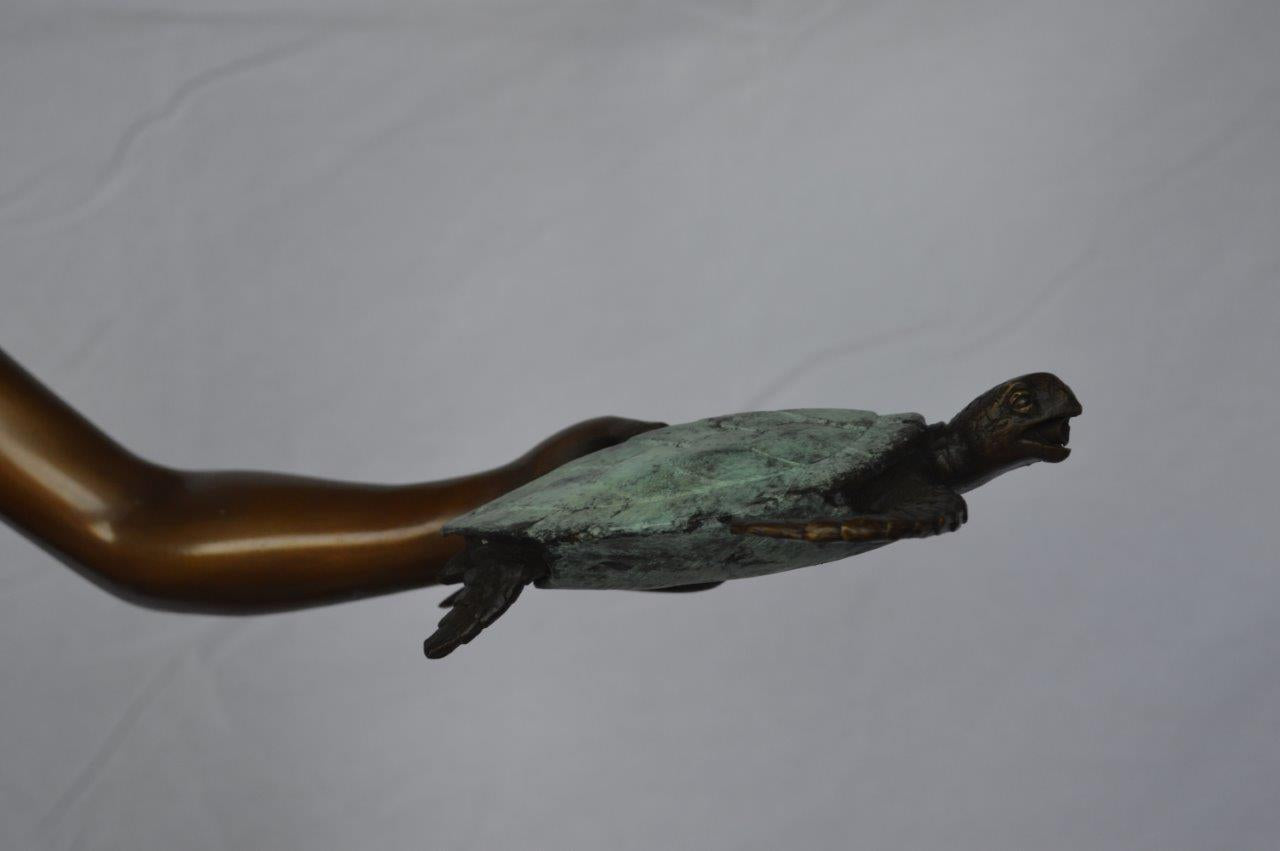 Girl holding turtle bronze fountain statue - Size: 26"L x 19"W x 37"H.