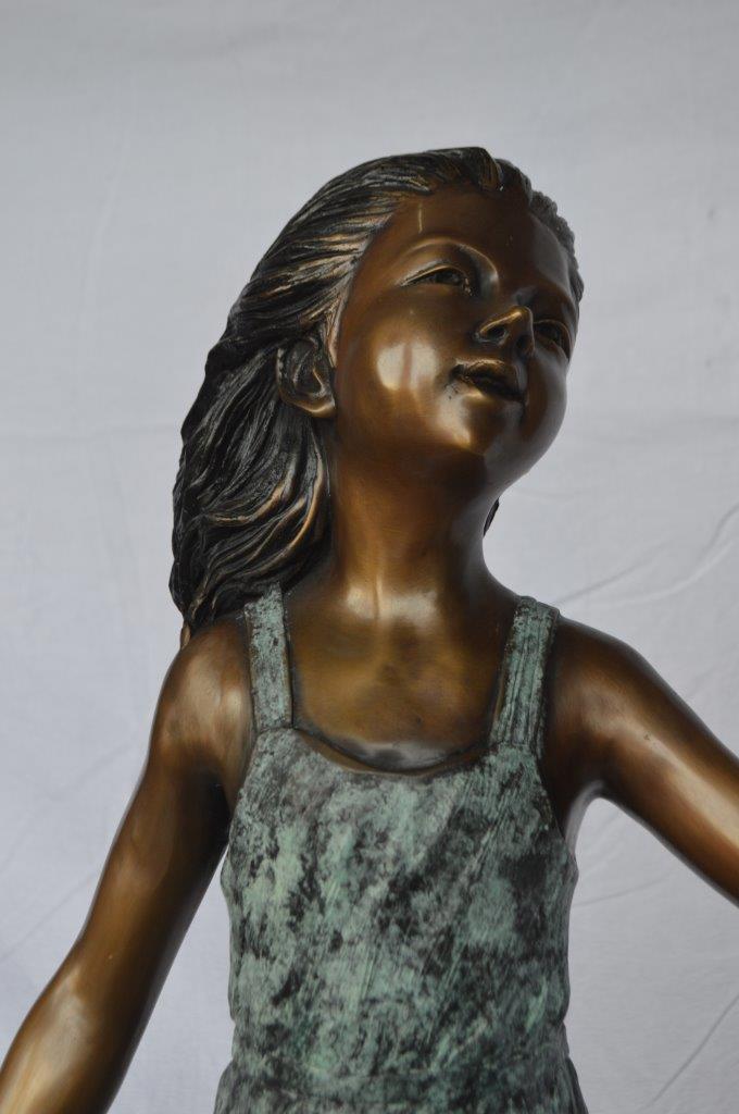 Girl holding turtle bronze fountain statue - Size: 26"L x 19"W x 37"H.
