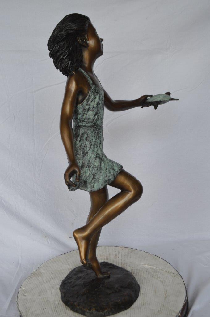 Girl holding turtle bronze fountain statue - Size: 26"L x 19"W x 37"H.