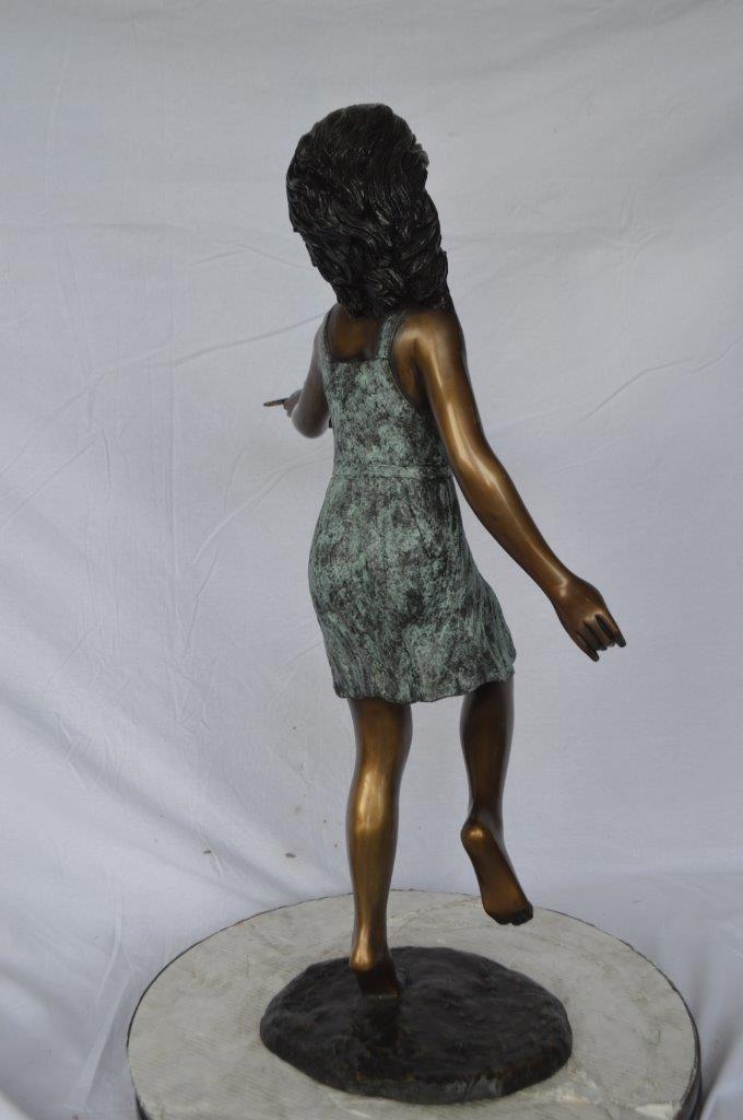 Girl holding turtle bronze fountain statue - Size: 26"L x 19"W x 37"H.