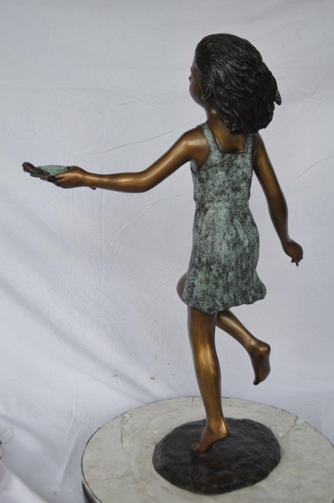Girl holding turtle bronze fountain statue - Size: 26"L x 19"W x 37"H.