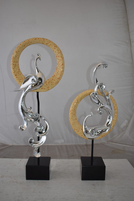 Set of Graceful Silver Finish Peacocks Resin Statue Size: 11" x 6" x 28"H