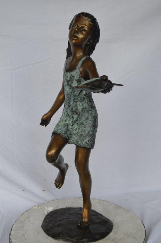 Girl holding turtle bronze fountain statue - Size: 26"L x 19"W x 37"H.