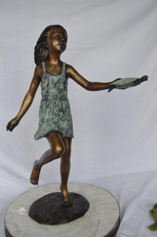 Girl holding turtle bronze fountain statue -  Size: 26"L x 19"W x 37"H.