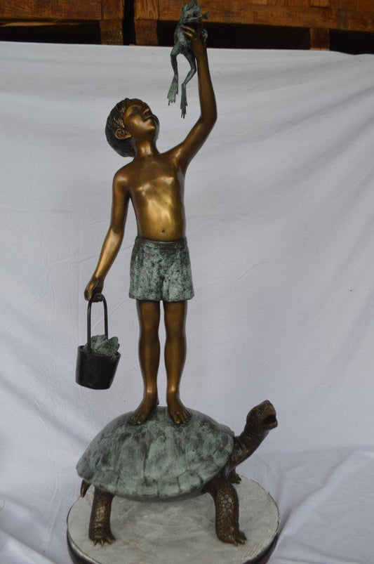 Boy on turtle holding frog bronze fountain statue - Size: 24"L x 18"W x 55"H.