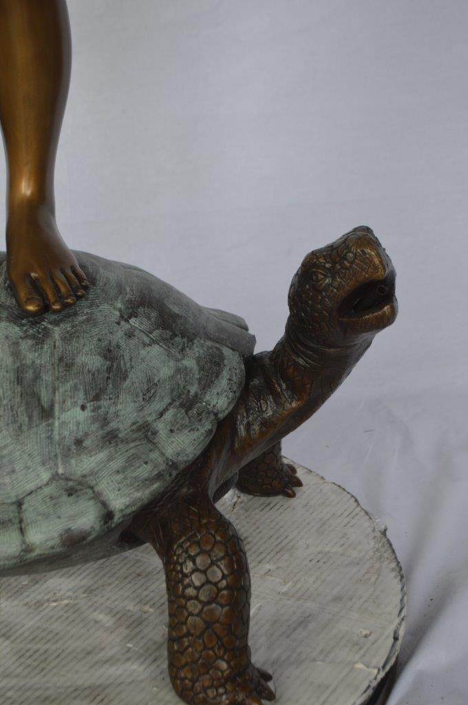 Boy on turtle holding frog bronze fountain statue - Size: 24"L x 18"W x 55"H.