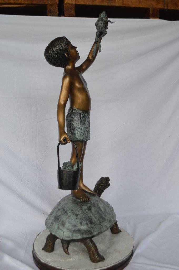 Boy on turtle holding frog bronze fountain statue -  Size: 24"L x 18"W x 55"H.