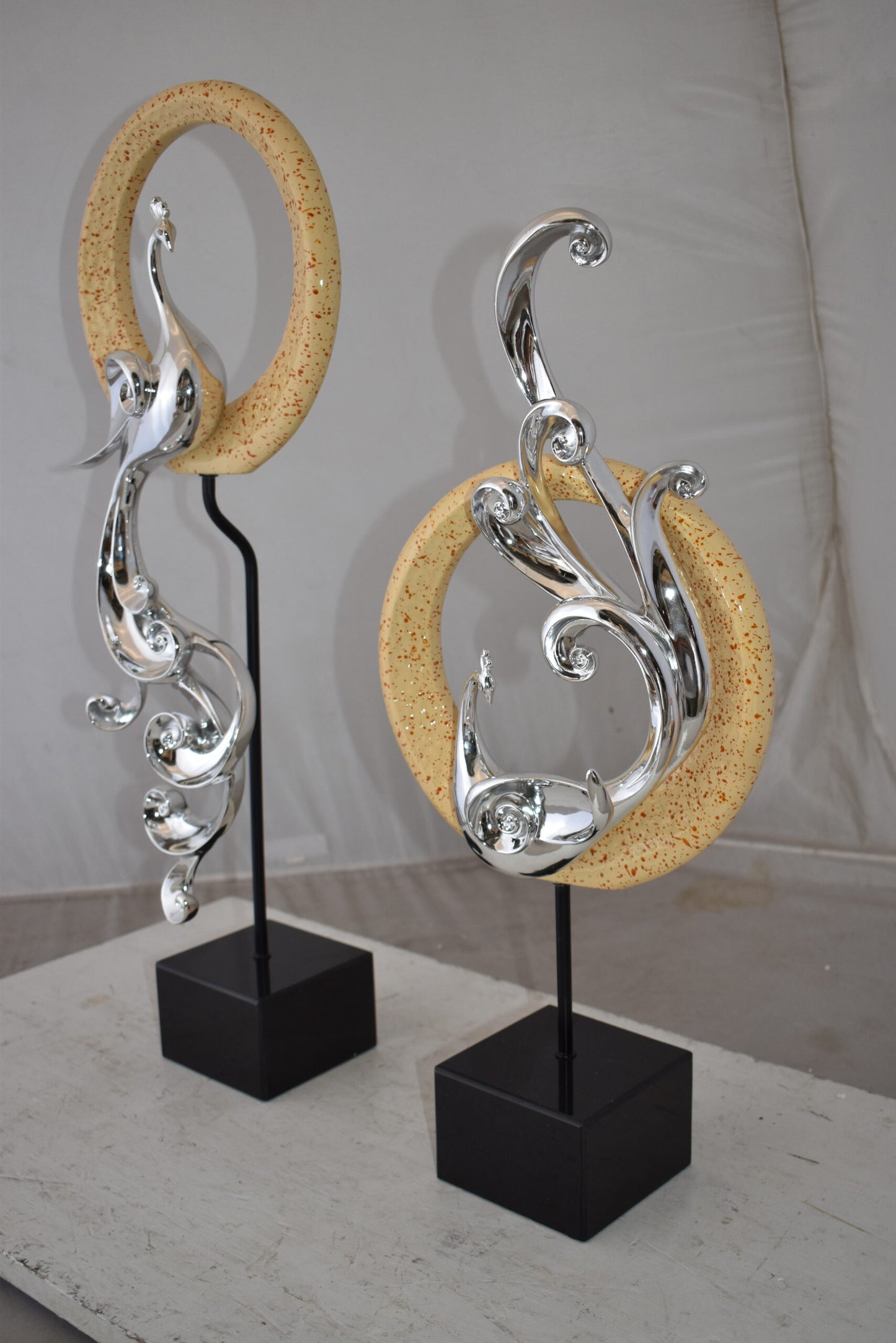 Set of Graceful Silver Finish Peacocks Resin Statue Size: 11" x 6" x 28"H