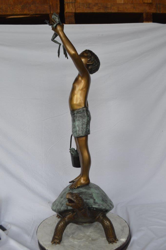 Boy on turtle holding frog bronze fountain statue - Size: 24"L x 18"W x 55"H.