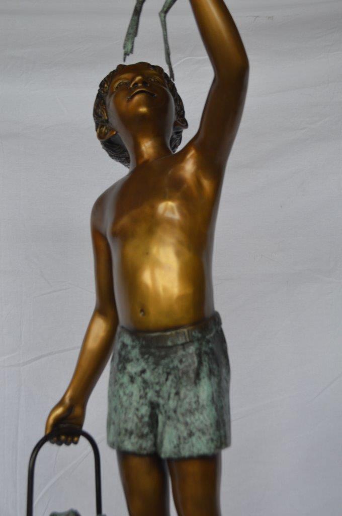 Boy on turtle holding frog bronze fountain statue -  Size: 24"L x 18"W x 55"H.