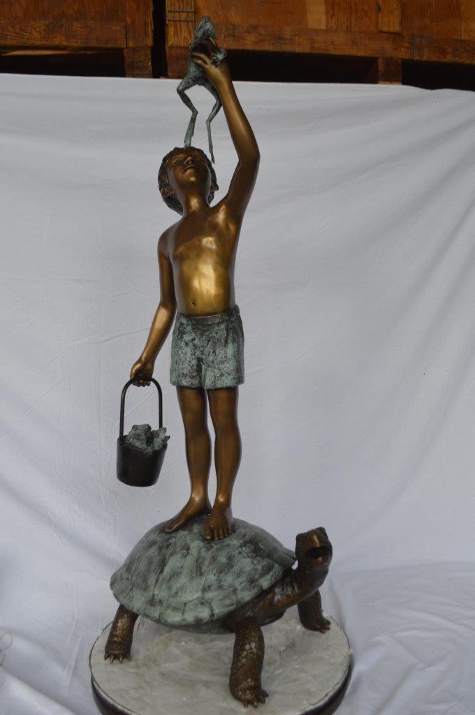 Boy on turtle holding frog bronze fountain statue - Size: 24"L x 18"W x 55"H.