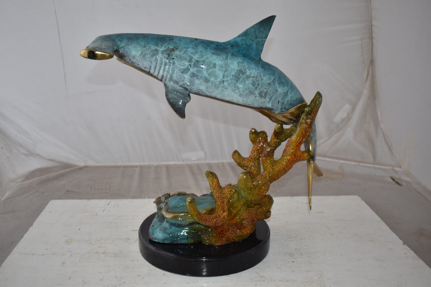 Hammer Shark swimming At Sea Bronze Statue Size: 23" x 12" x 19"H