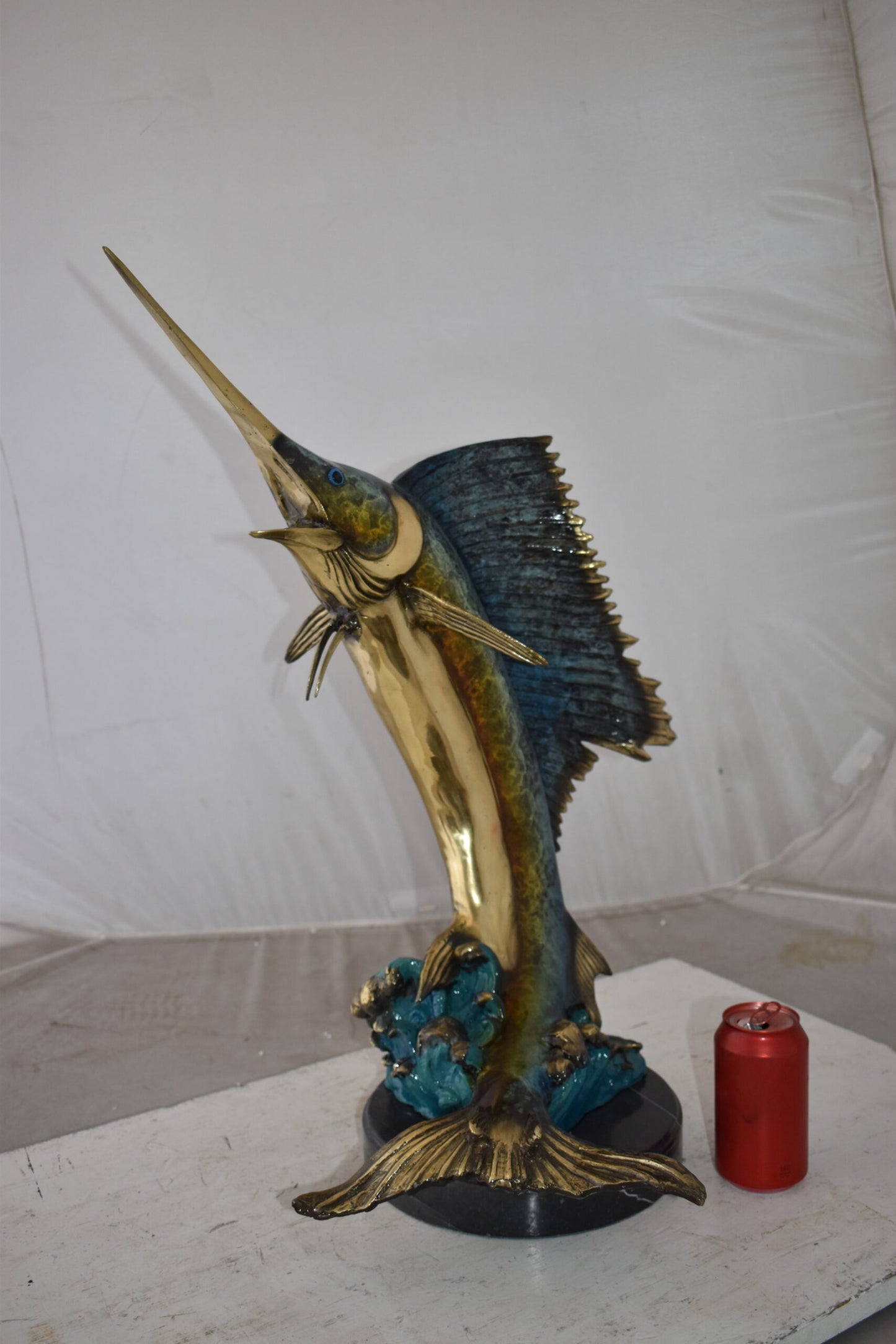 Gold And Blue Sailfish Swimming In Ocean Bronze Statue Size: 18" x 16" x 26"H