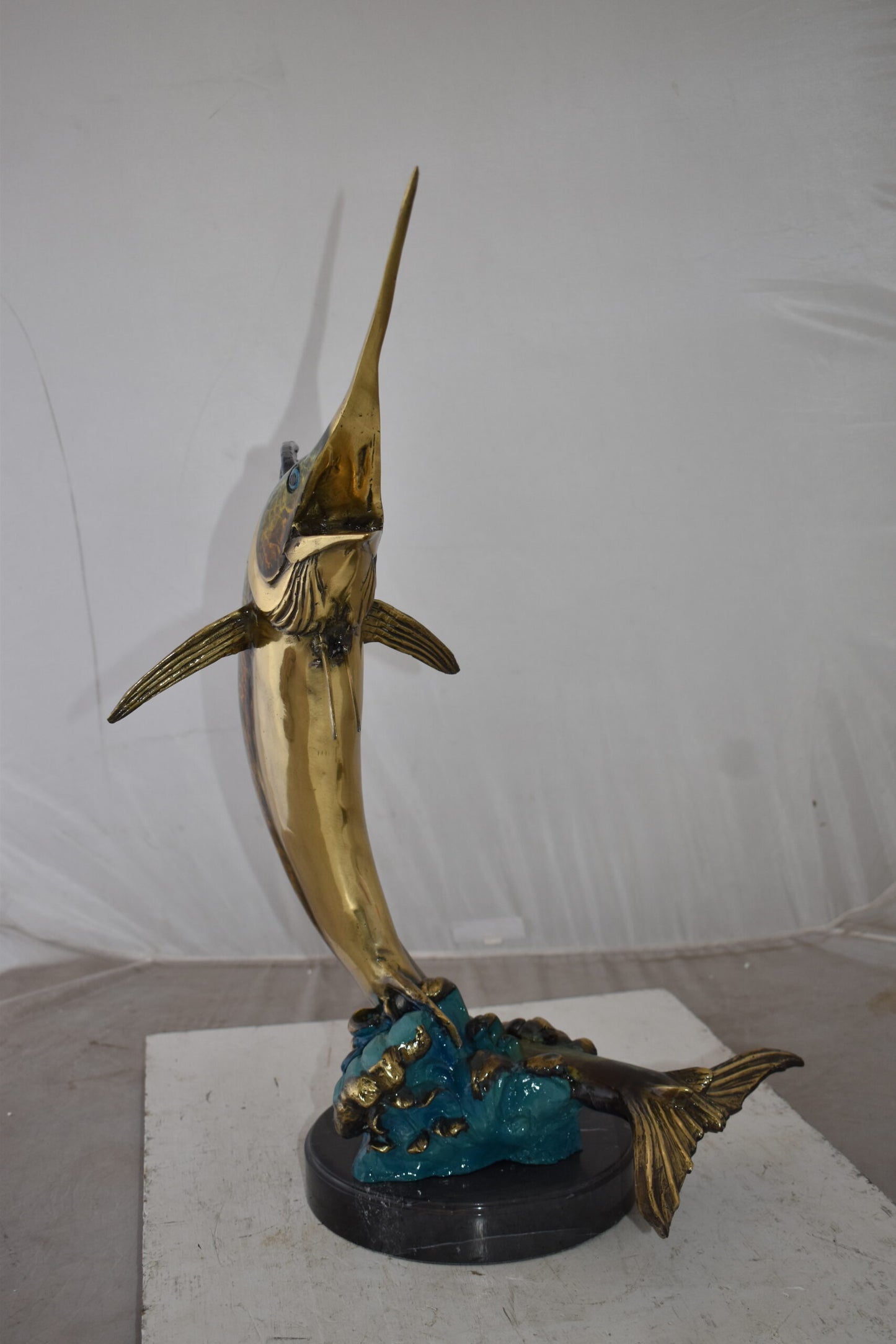 Gold And Blue Sailfish Swimming In Ocean Bronze Statue Size: 18" x 16" x 26"H