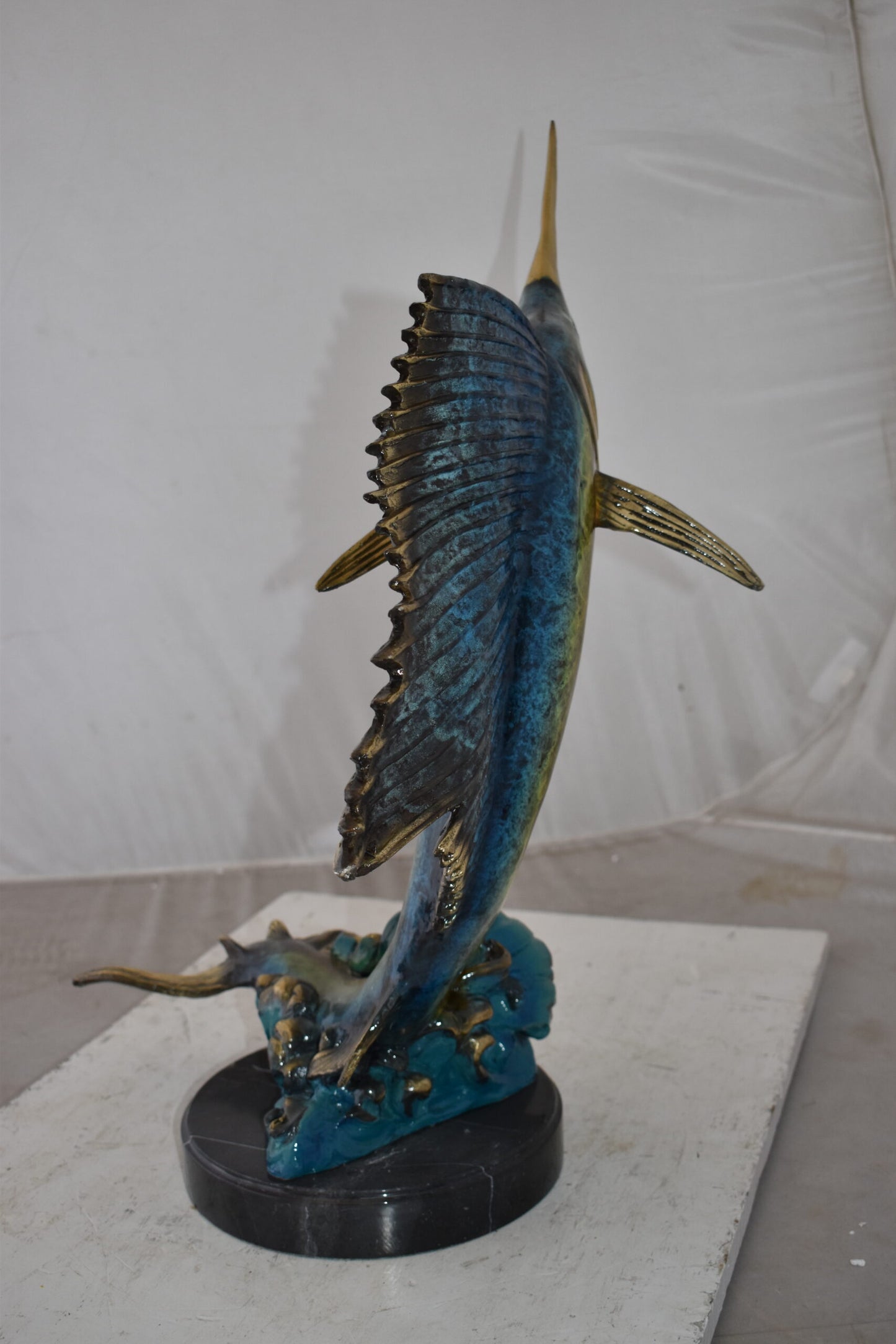 Gold And Blue Sailfish Swimming In Ocean Bronze Statue Size: 18" x 16" x 26"H